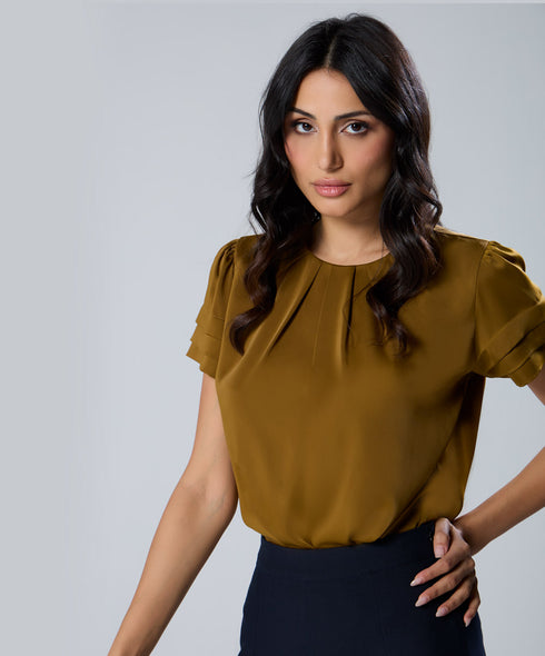 Neck And Sleeve Pleated  Brown Top